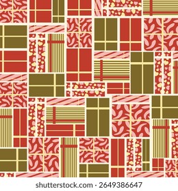 Padrão sem emenda da grade da caixa de presente vermelho e azeitona. Perfeito para arte e artesanato, papel digital, impressão de tecido, impressão têxtil, embalagem, scrapbooking, papel presente, fundo e muito mais.
