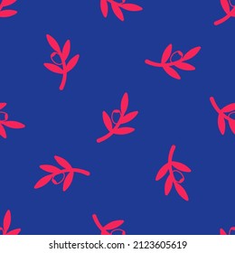 Red Olives branch icon isolated seamless pattern on blue background.  Vector