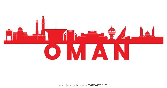 Red Oman Skyline with Bold Typography Featuring Iconic Buildings