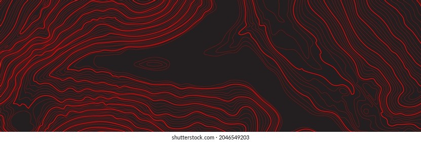 The Red on Black contours vector topography stylized height of the lines. The concept of a conditional geography scheme and the terrain path. Ultra wide size. Map on land vector terrain Illustration.