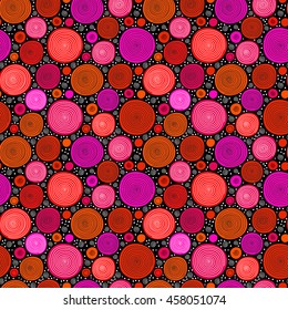 Red on black doodle spiral circles seamless pattern, vector background