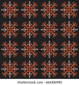 Red on black ethnic design seamless pattern with traditional tribal motifs, triangles, squares, circles. Mayan fabric, geometric decorative navajo print, american indian symbols pattern.