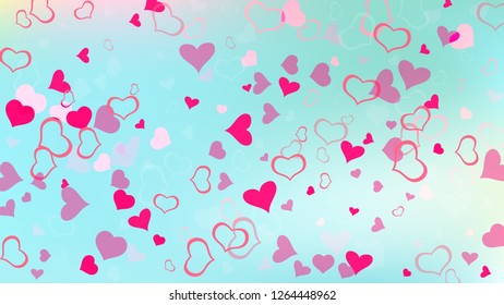 Red on Ggradient background Vector. Spring background. Red hearts of confetti are flying. Design element for wallpaper, textiles, packaging, printing, holiday invitation for birthday.