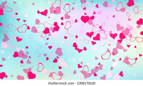 Red on Ggradient background Vector. Red hearts of confetti are flying. Spring background. Part of the design of wallpaper, textiles, packaging, printing, holiday invitation for Valentine's Day.