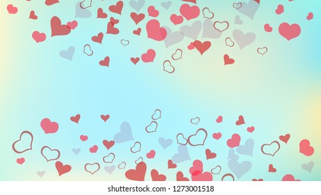 Red on Gradient fond Vector. Festive background. Red hearts of confetti are flying. Part of the design of wallpaper, textiles, packaging, printing, holiday invitation for wedding.