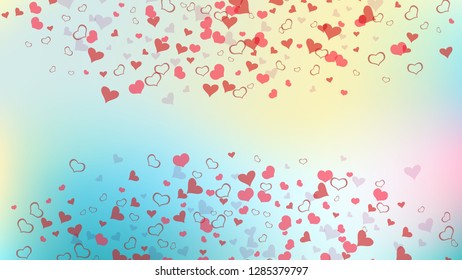 Red on Gradient fond Vector. Spring background. Red hearts of confetti crumbled. Part of the design of wallpaper, textiles, packaging, printing, holiday invitation for birthday.