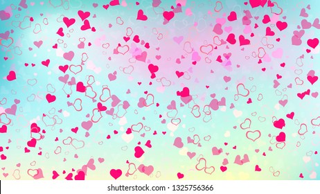 Red on Gradient fond Vector. Stylish background. Red hearts of confetti are falling. The idea of wallpaper design, textiles, packaging, printing, holiday invitation for birthday.