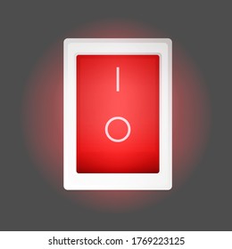Red on and off button. The red power button lights up. Isolated. Vector.