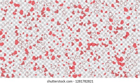 Red on Transparent background Vector. Spring background. Red hearts of confetti are flying. Part of the design of wallpaper, textiles, packaging, printing, holiday invitation for birthday.