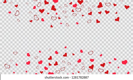 Red on Transparent background Vector. Light background. Red hearts of confetti crumbled. Part of the design of wallpaper, textiles, packaging, printing, holiday invitation for Valentine's Day.