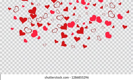 Red on Transparent background Vector. Part of the design of wallpaper, textiles, packaging, printing, holiday invitation for Valentine's Day. Spring background. Red hearts of confetti crumbled.