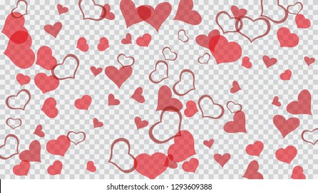 Red on Transparent background Vector. Stylish background. The idea of wallpaper design, textiles, packaging, printing, holiday invitation for birthday. Red hearts of confetti are falling.