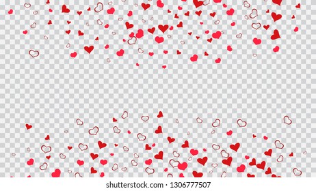 Red on Transparent background Vector. Red hearts of confetti are flying. Spring background. Part of the design of wallpaper, textiles, packaging, printing, holiday invitation for Valentine's Day.