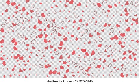 Red on Transparent fond Vector. A sample of wallpaper design, textiles, packaging, printing, holiday invitation for Valentine's Day. Happy background. Red hearts of confetti crumbled.