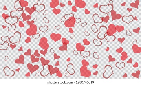 Red on Transparent fond Vector. Romantic background. Design element for wallpaper, textiles, packaging, printing, holiday invitation for Valentine's Day. Red hearts of confetti are falling.
