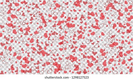 Red on Transparent fond Vector. Red hearts of confetti crumbled. Design element for wallpaper, textiles, packaging, printing, holiday invitation for Valentine's Day. Stylish background.