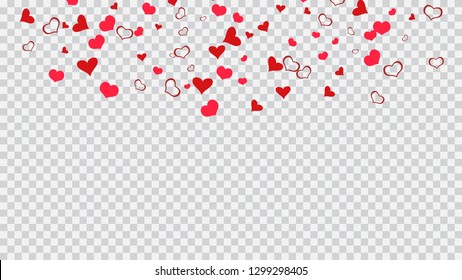 Red on Transparent fond Vector. Stylish background. Design element for wallpaper, textiles, packaging, printing, holiday invitation for Valentine's Day. Red hearts of confetti are falling.