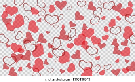 Red on Transparent fond Vector. Happy background. Red hearts of confetti are falling. Part of the design of wallpaper, textiles, packaging, printing, holiday invitation for wedding.