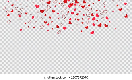 Red on Transparent fond Vector. A sample of wallpaper design, textiles, packaging, printing, holiday invitation for Valentine's Day. Stylish background. Red hearts of confetti crumbled.