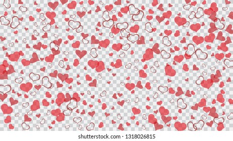Red on Transparent fond Vector. The idea of wallpaper design, textiles, packaging, printing, holiday invitation for Valentine's Day. Romantic background. Red hearts of confetti are flying.
