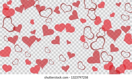 Red on Transparent fond Vector. Spring background. Red hearts of confetti crumbled. A sample of wallpaper design, textiles, packaging, printing, holiday invitation for Valentine's Day.