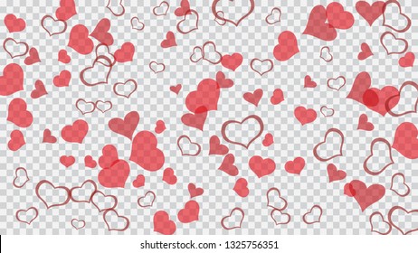 Red on Transparent fond Vector. Romantic background. Red hearts of confetti crumbled. The idea of wallpaper design, textiles, packaging, printing, holiday invitation for birthday.