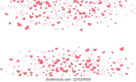 Red on White background Vector. Red hearts of confetti are falling. Stylish background. The idea of wallpaper design, textiles, packaging, printing, holiday invitation for birthday.