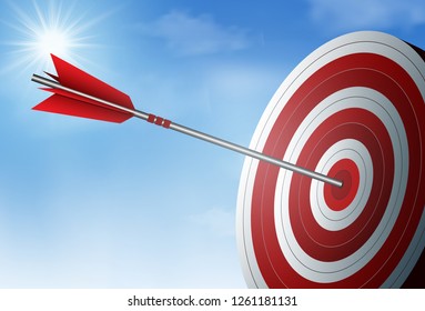 red one arrows darts in target circle. business success goal. on background sky and sun. creative idea. leadership. cartoon vector illustration