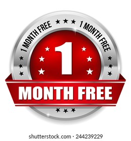 Red one month free badge with silver border on white background