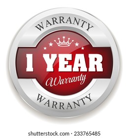 Red one year warranty badge with silver border on white background