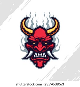 Red Oni Japanese Devil Mask with Golden Horn Mascot