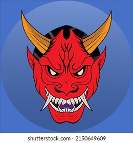 Red oni mask with blue background vector illustration. Hanya art of Asia the traditional japanese demon. Design for t-shirt, sticker, or poster.