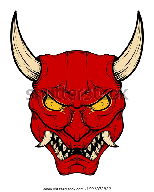 Download Red Oni Mask Horn Yellow Eyes Stock Vector Royalty Free 1592878882 PSD Mockup Templates