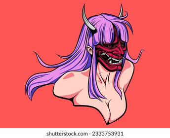 Red Oni Mask Samurai Girls Pink Hair  Style T-Shirt Illustration Design , Suitable for T-Shirt Design, Poster, Logo , and Wallpaper.