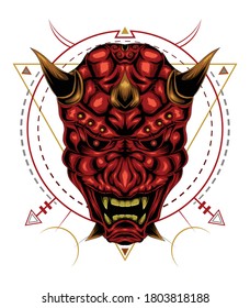 Red Oni mask vector illustration with sacred geometry background.