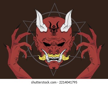 red oni mask vector illustration isolated background with hands