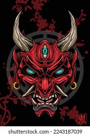 Red Oni mask. Vector illustration in engraving technique of horned "Yōkai" monster face from Japanise folklore on Sakura silhouette background.