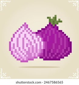 Red onion in 8 bit pixel art. Vegetables for game assets and cross stitch patterns in vector illustrations.