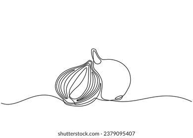 red onion accompanied by sliced red onion in continuous line art drawing style. Single line concept of red onion and sliced onion in doodle style on white background. Vector