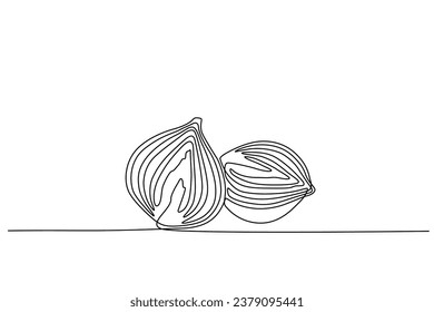 red onion accompanied by sliced red onion in continuous line art drawing style. Single line concept of red onion and sliced onion in doodle style on white background. Vector