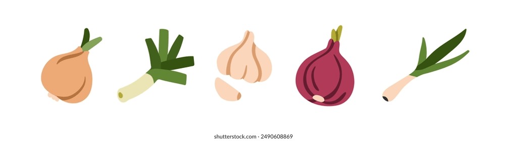 Red onion bulb, garlic and clove, leek, scallion, shallot. Fresh pungent spicy vegetables, ingredients. Healthy flavored raw food produce. Flat vector illustration isolated on white background