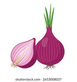 Bolbo de cebola vermelha na pele e meia cebola. Cabeça de cebola em casca com broto verde e raízes. Cozinhe ingredientes, especiarias. Ícone de comida orgânica. Ilustração vetorial isolada sobre fundo branco.