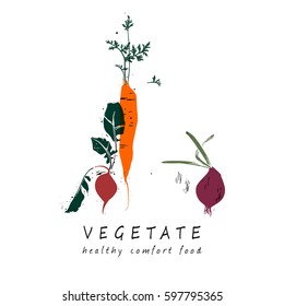  Red onion, carrot and radish. Vector illustration.