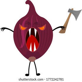 red onion cartoon character Monster with sharp fangs and orange eyes holding a sharp ax in his hand on a white background Halloween and mysticism concept