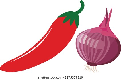 Red onion and red chili, isolated on a white background. Vector illustration in flat style