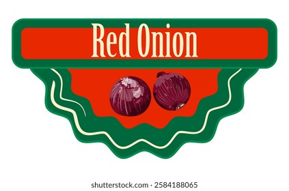 Red Onion classic logo sticker. Shop label with red onion on orange-red background. Ready design for packaging tag. Seasonal badge for your product.