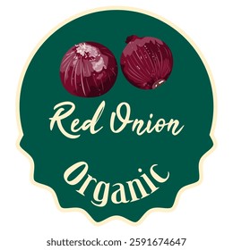 Red Onion classic logo sticker. Shop label with red onion on green background. Ready design for packaging tag.