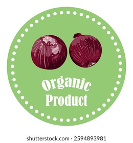 Red Onion classic round logo sticker. Shop label with red onion on light green background.