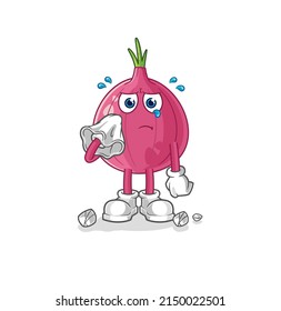 the red onion cry with a tissue. cartoon mascot vector