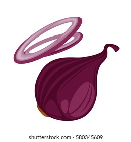  Red onion cultivar with purplish red skin and white flesh tinged with red. Whole and rings icon vector illustration in realistic cartoon style